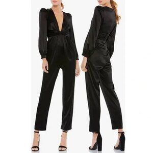 Mac Duggal Black Plunge Neck Long Sleeve Satin Jumpsuit